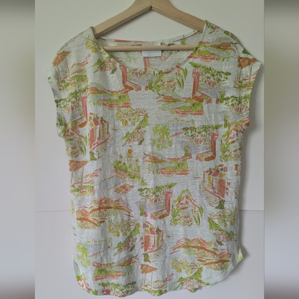 Cynthia Rowley 100% Linen All Over Island TShirt Green Orange White